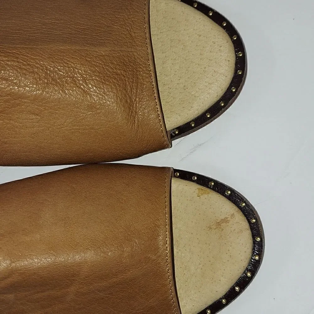 Luxe De Leon LDL Tan Leather Peep Toe Slide On Sandals Sz 9.5